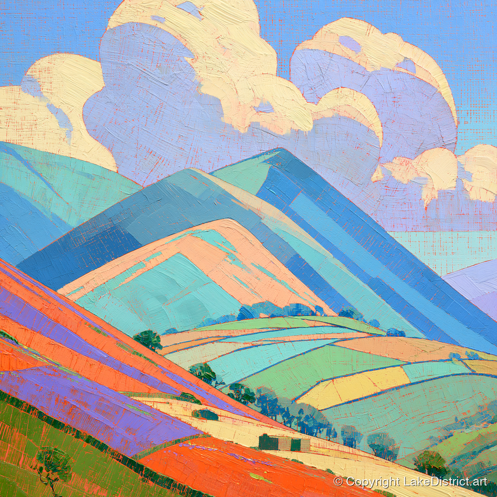 Turquoise and Orange Rolling Fells - lake district fell art print and canvas by Victor Penrose A.I