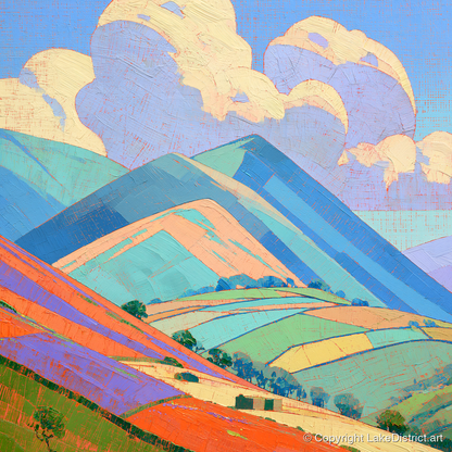 Turquoise and Orange Rolling Fells - lake district fell art print and canvas by Victor Penrose A.I