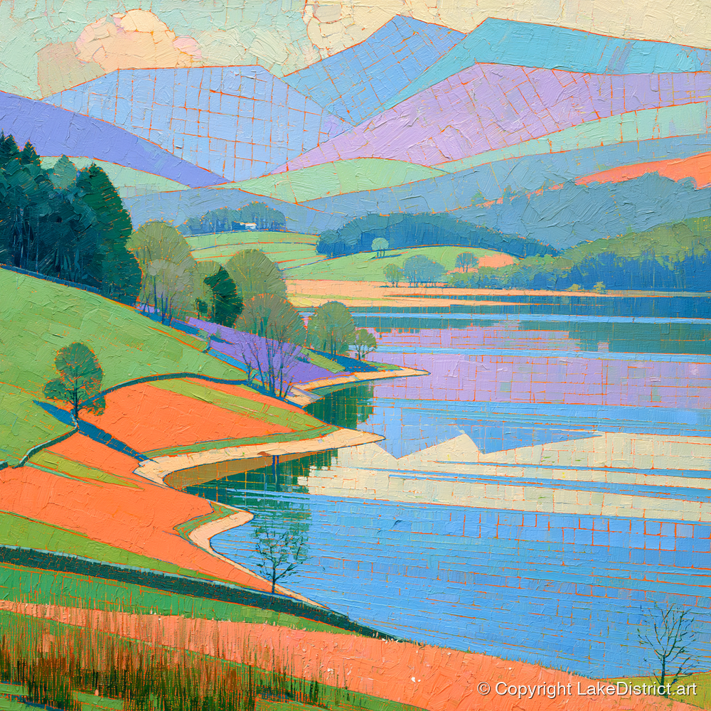 Turquoise Lake And Orange Shores - lake district lake art print and canvas by Victor Penrose A.I