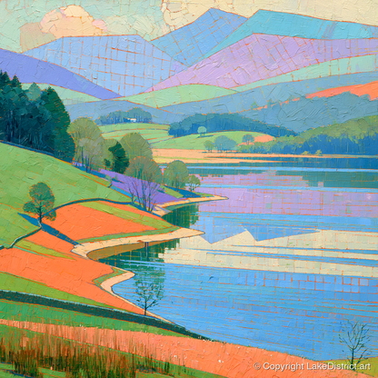 Turquoise Lake And Orange Shores - lake district lake art print and canvas by Victor Penrose A.I