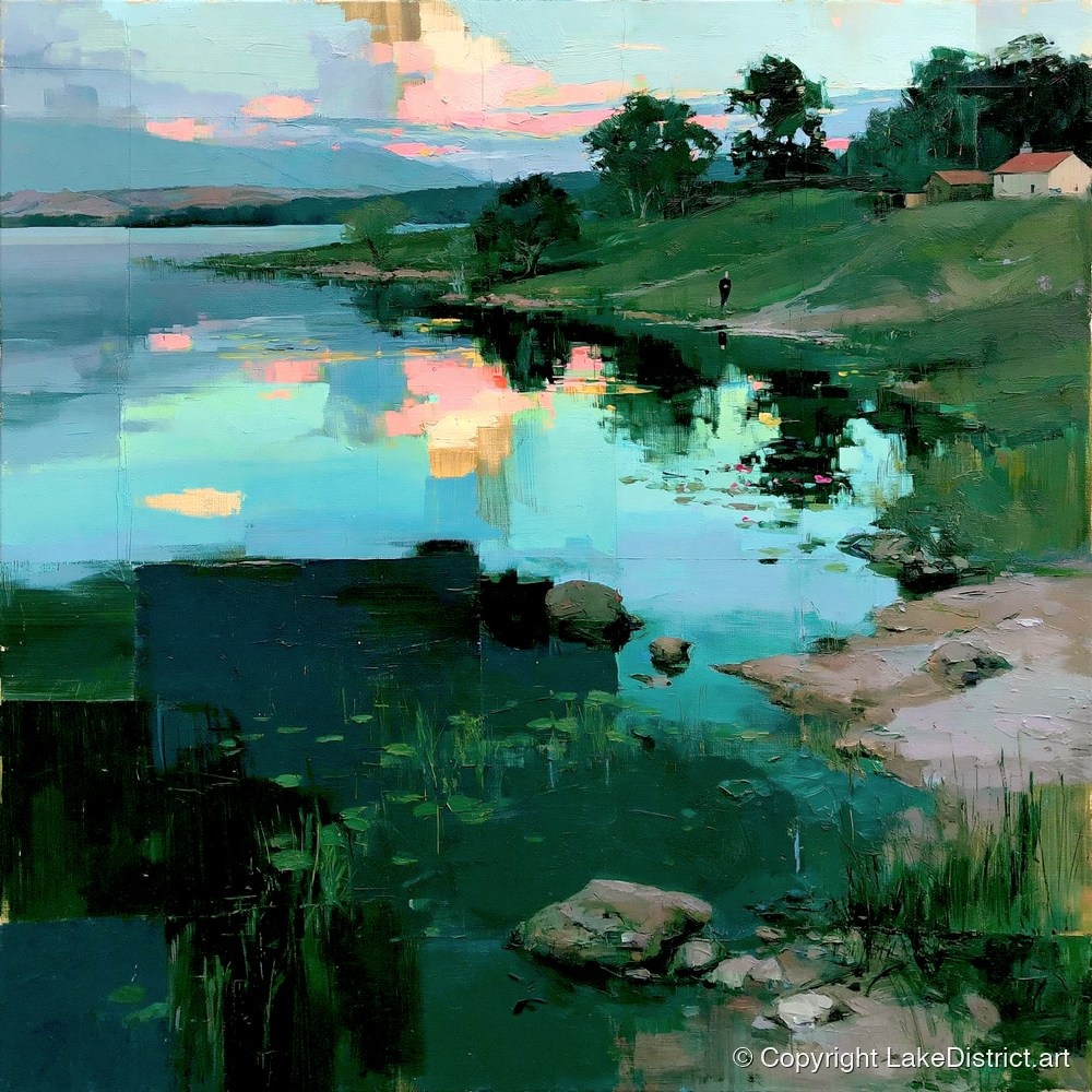 Turquoise Lake at Pink Sunrise - lake district lake art print and canvas by Quentin Hart A.I
