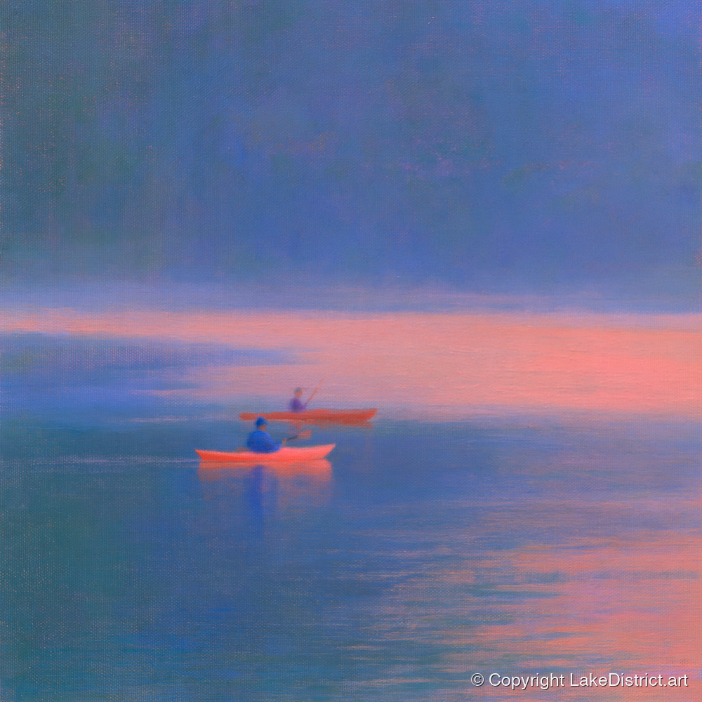 Twilight Kayaks on the Lake - lake district walking art print and canvas by Theodore Vance A.I