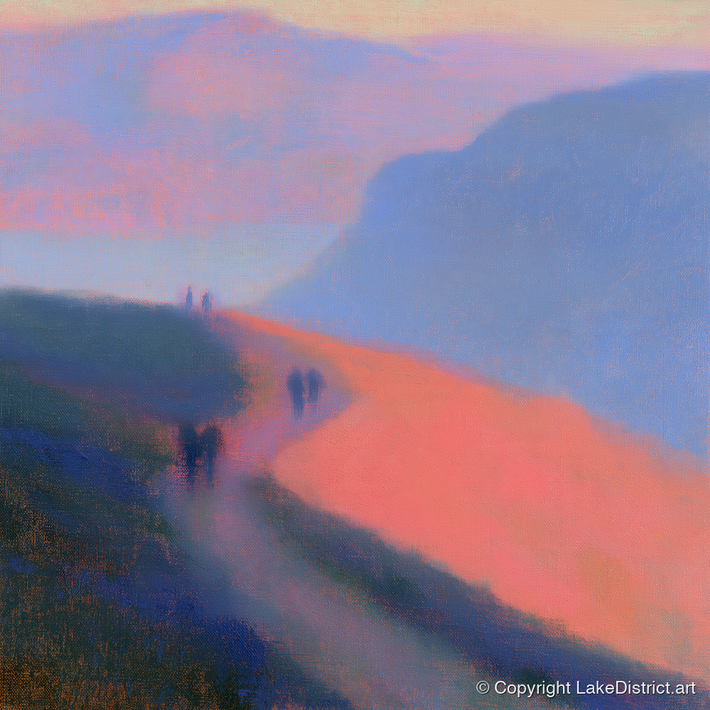 Twilight Walkers on a Fell Path - lake district walking art print and canvas by Theodore Vance A.I