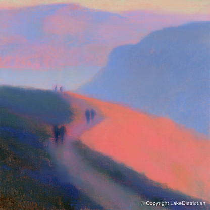 Twilight Walkers on a Fell Path - lake district walking art print and canvas by Theodore Vance A.I