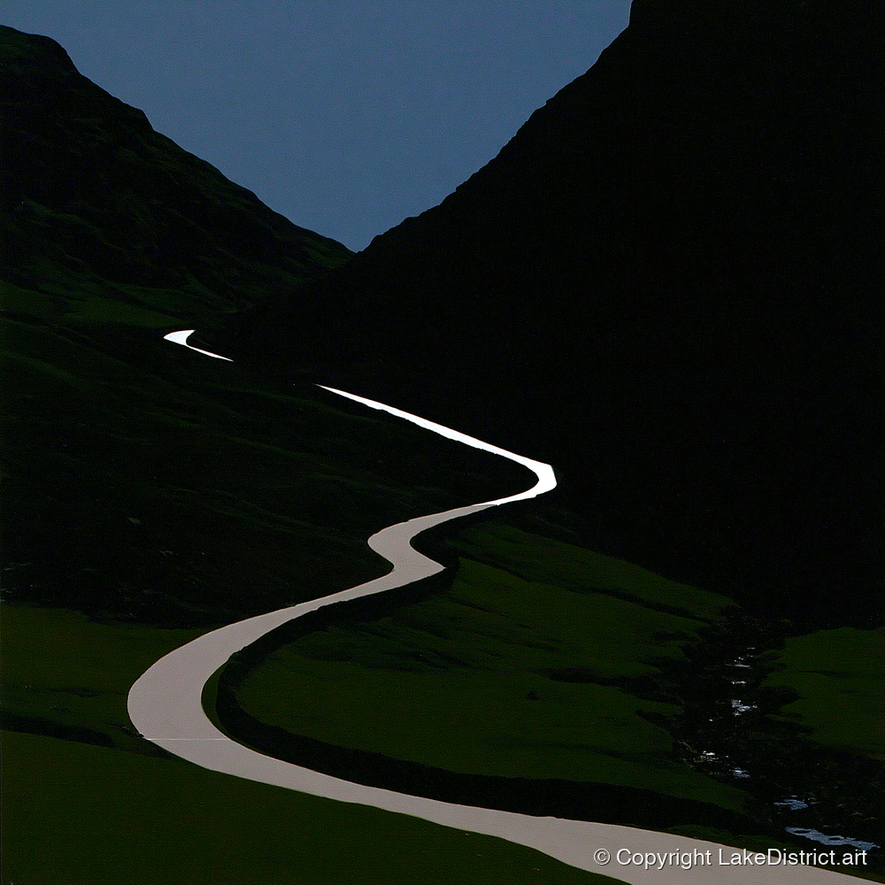 Twilight Winding Mountain Pass - lake district valley art print and canvas by Adelaide Calloway A.I