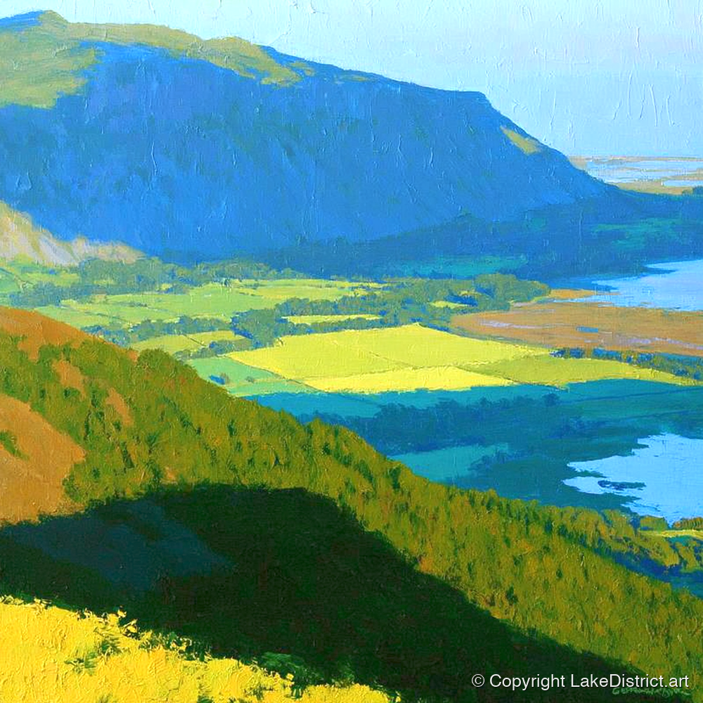Ullock Pike Over Sunlit Fields - lake district fell art print and canvas by Daphne Morley A.I