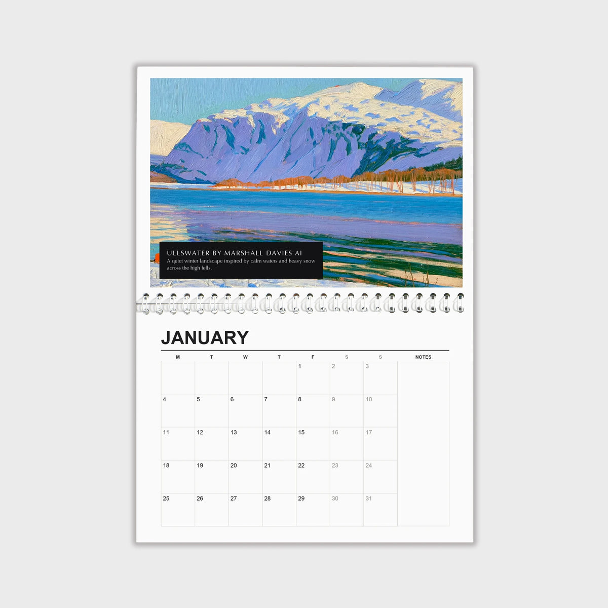 Ullswater 2027 wall calendar hanging open, painting above the dates