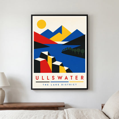 Ullswater travel poster in a black frame, hanging in a bedroom3