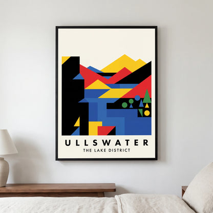 Ullswater travel poster in a black frame, hanging in a bedroom3