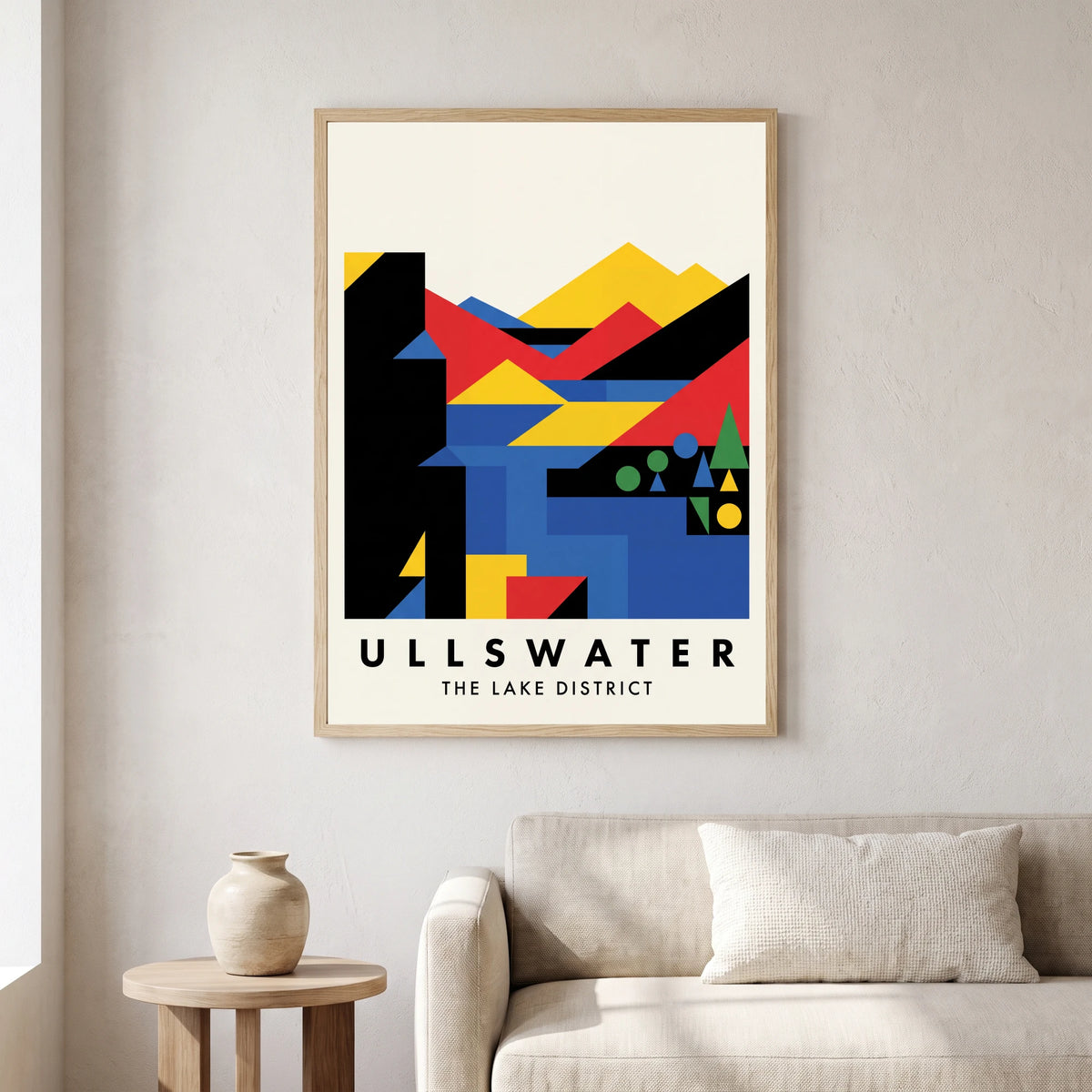 Ullswater travel poster in a natural frame, hanging in a living