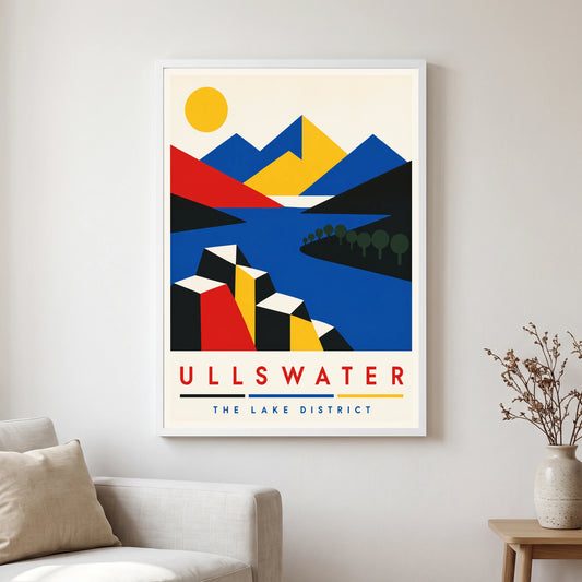 Ullswater travel poster in a white frame, hanging in a living2