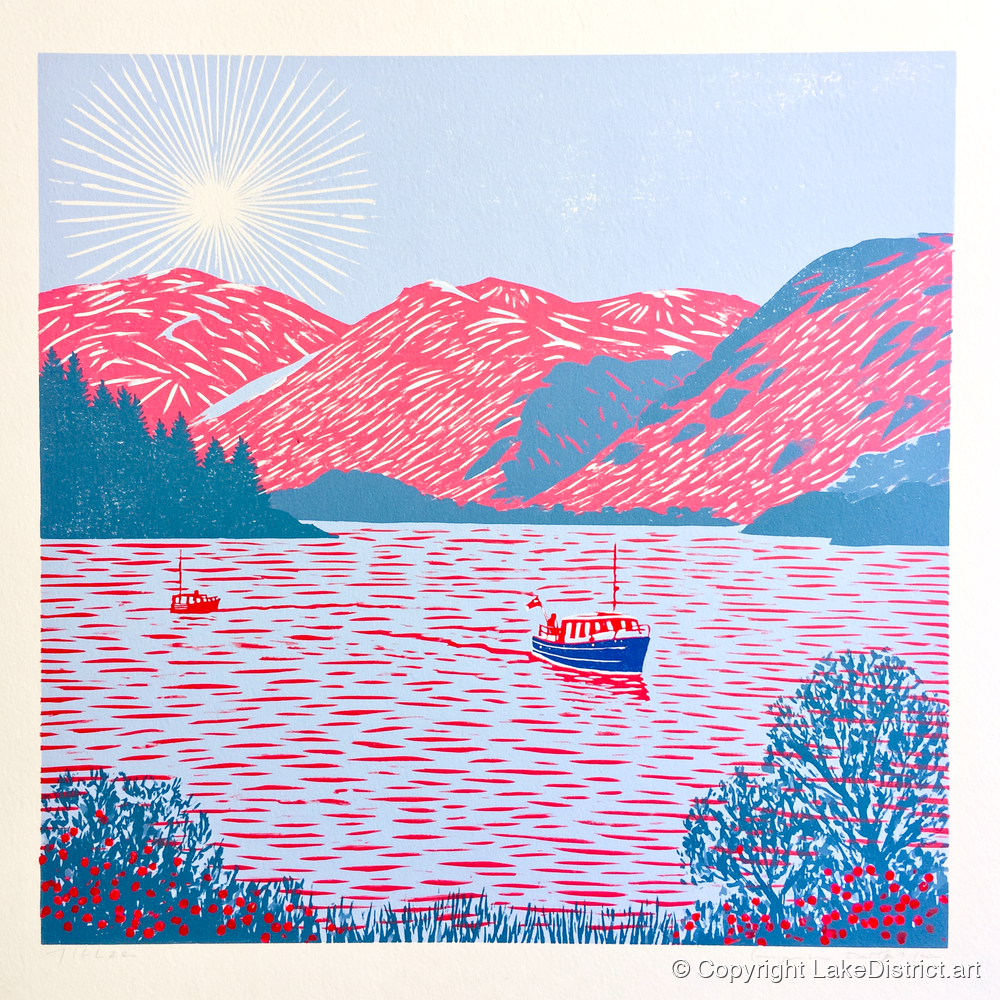 Ullswater Beneath Vibrant Pink Fells - lake district lake art print and canvas by Christopher Seaton A.I