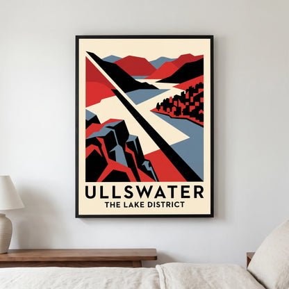 Ullswater travel poster in a black frame, hanging in a bedroom3