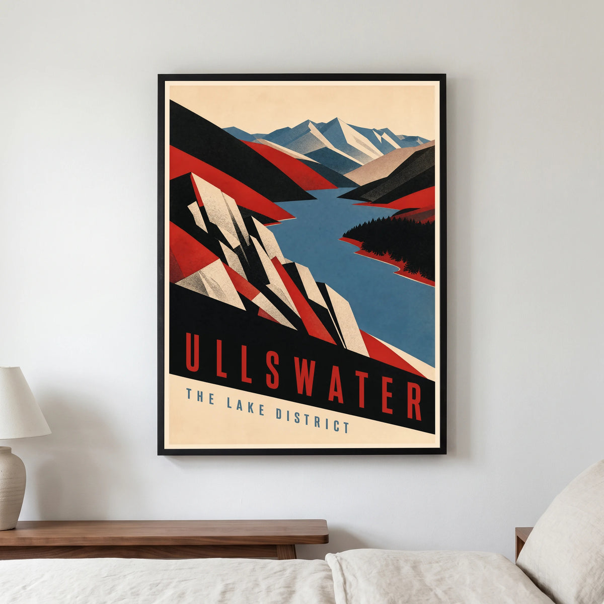 Ullswater travel poster in a black frame, hanging in a bedroom3