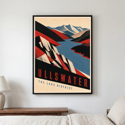 Ullswater travel poster in a black frame, hanging in a bedroom3