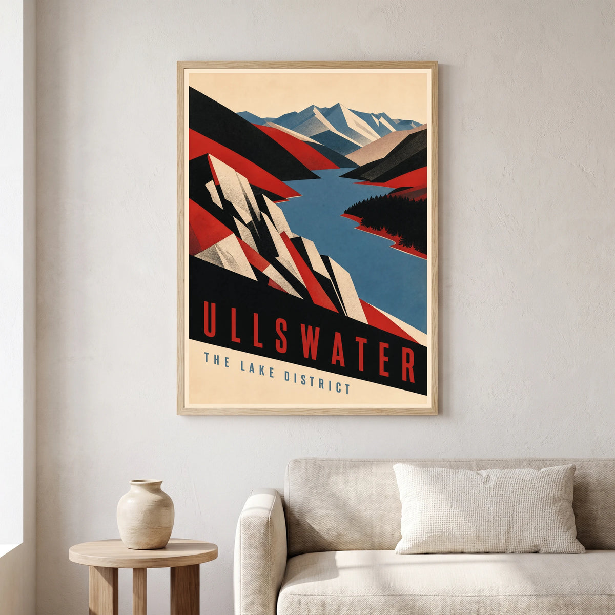 Ullswater travel poster in a natural frame, hanging in a living