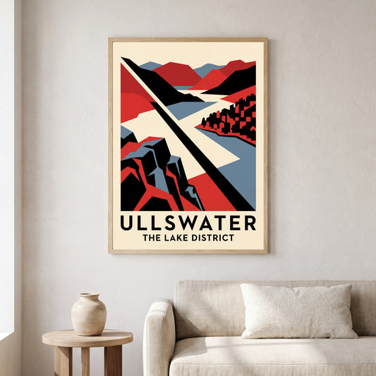 Ullswater travel poster in a natural frame, hanging in a living