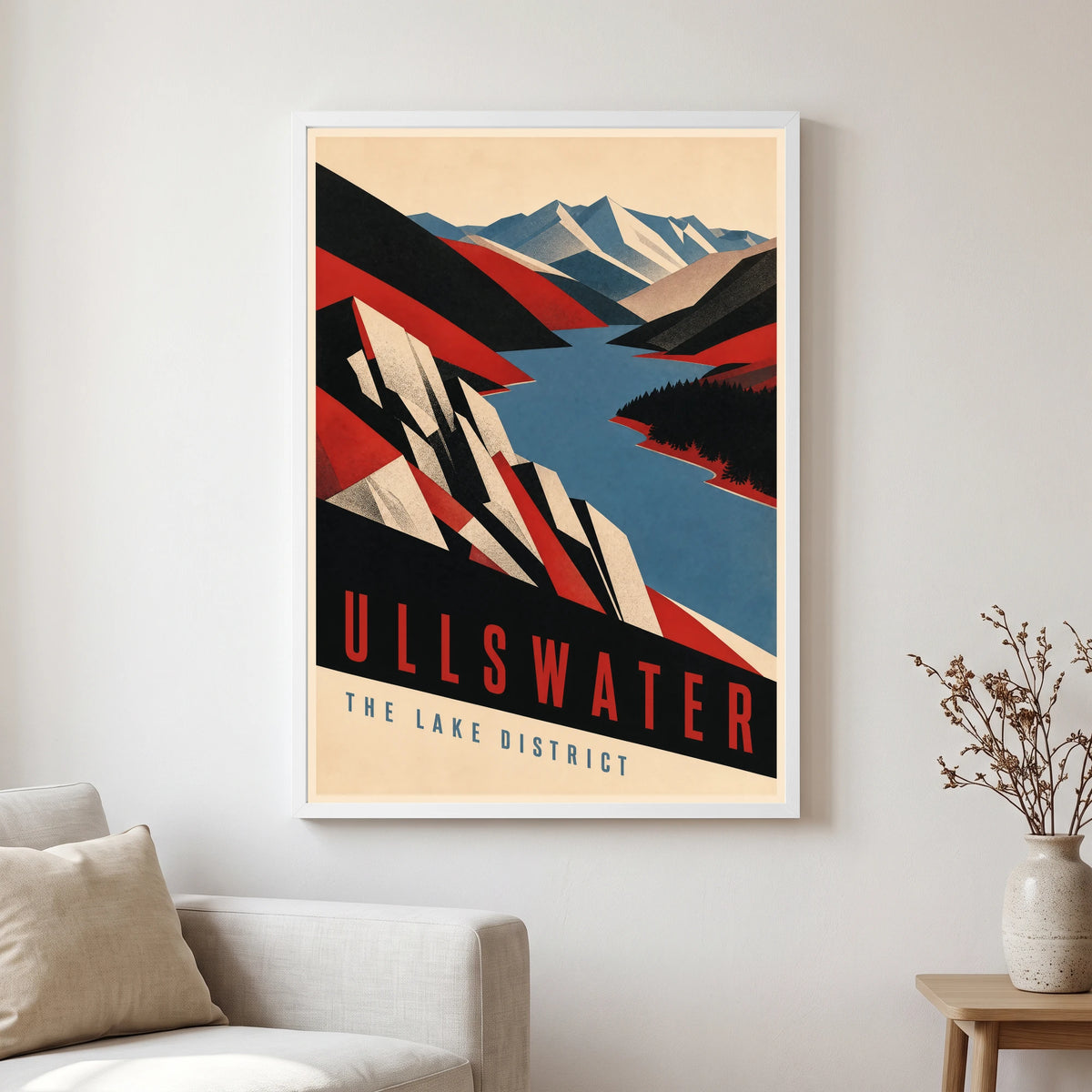 Ullswater travel poster in a white frame, hanging in a living2