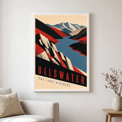 Ullswater travel poster in a white frame, hanging in a living2