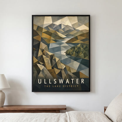 Ullswater travel poster in a black frame, hanging in a bedroom3
