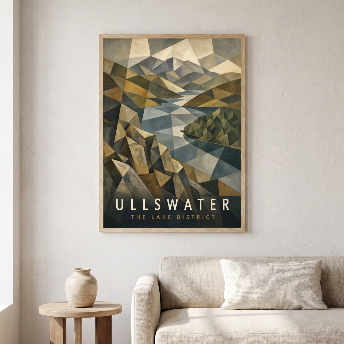 Ullswater travel poster in a natural frame, hanging in a living