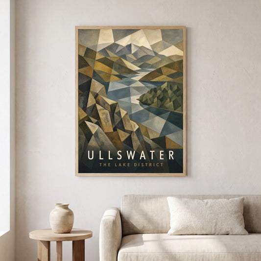 Ullswater travel poster in a natural frame, hanging in a living
