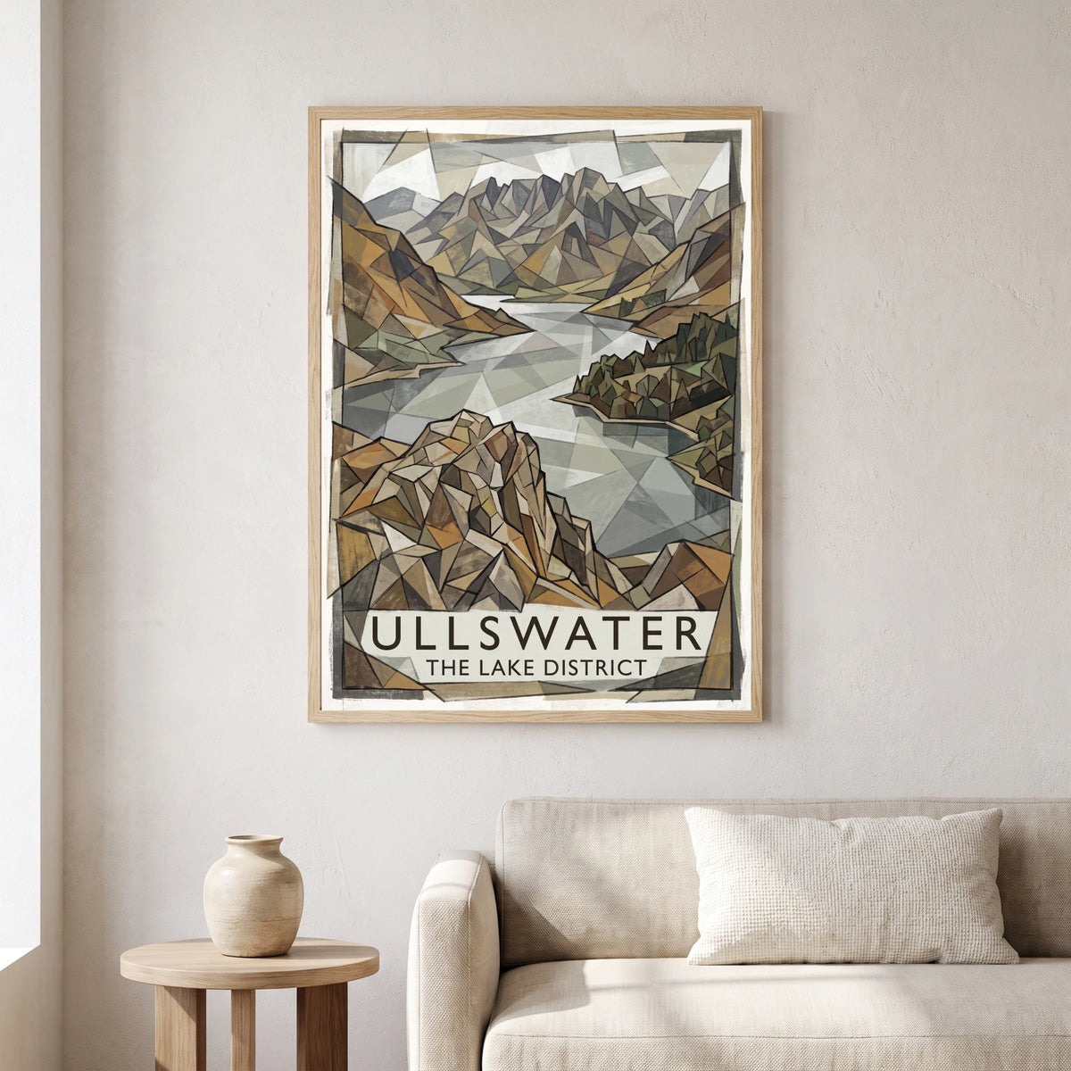 Ullswater travel poster in a natural frame, hanging in a living