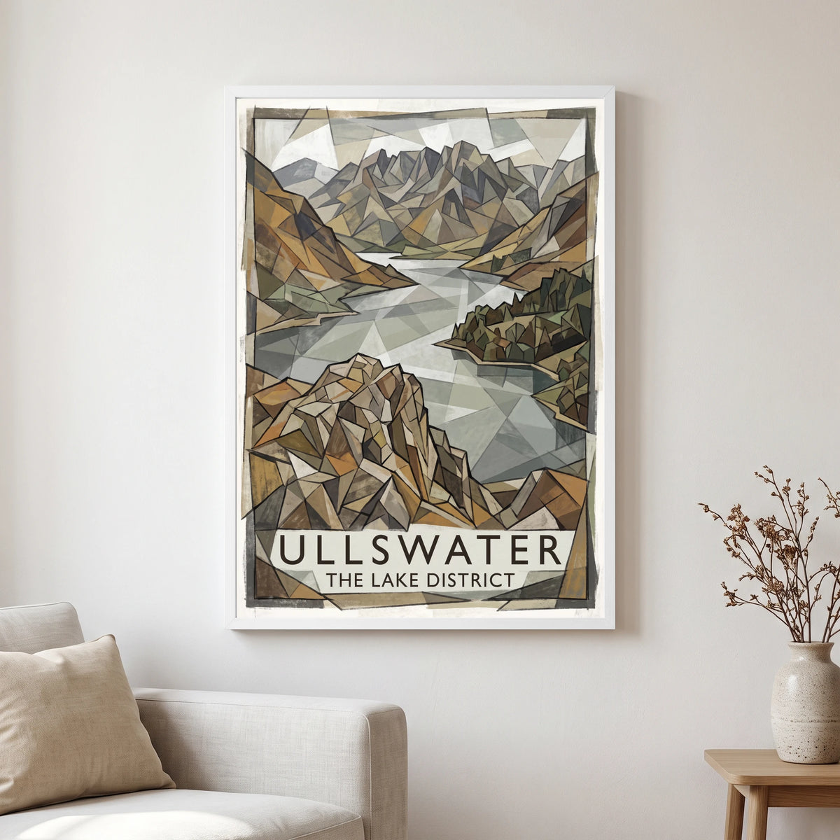 Ullswater travel poster in a white frame, hanging in a living2