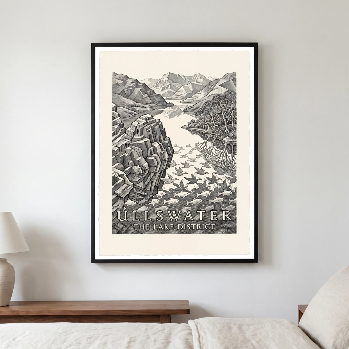 Ullswater travel poster in a black frame, hanging in a bedroom3