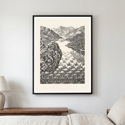Ullswater travel poster in a black frame, hanging in a bedroom3