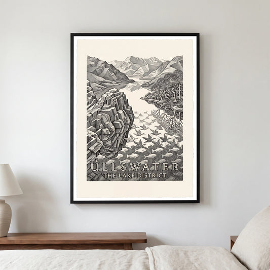 Ullswater travel poster in a black frame, hanging in a bedroom3
