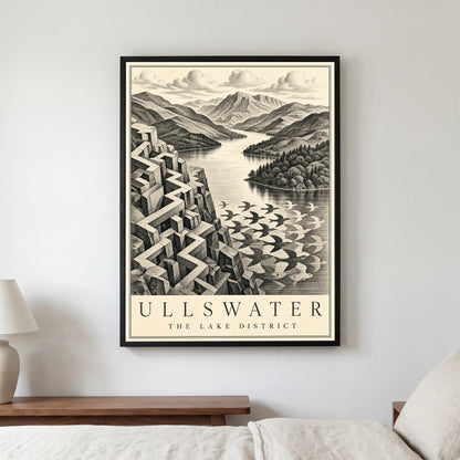 Ullswater travel poster in a black frame, hanging in a bedroom3