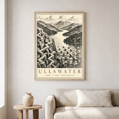 Ullswater travel poster in a natural frame, hanging in a living