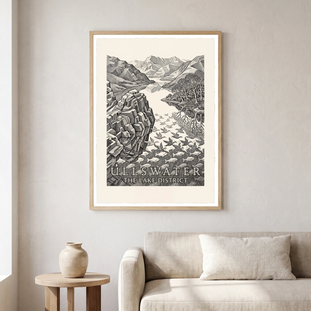 Ullswater travel poster in a natural frame, hanging in a living