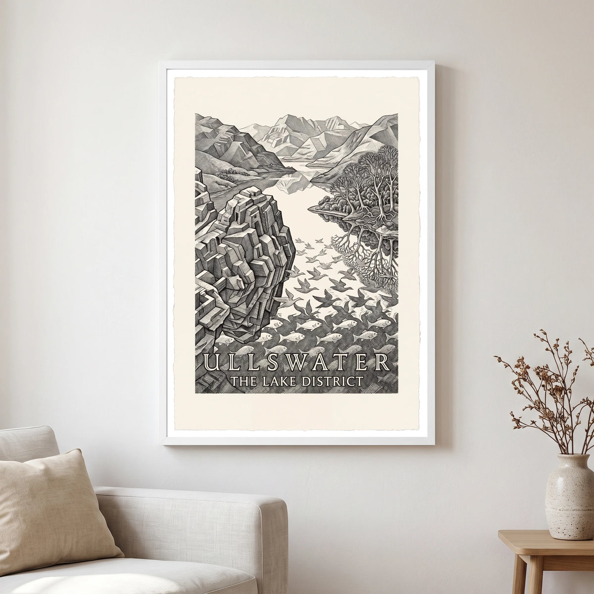 Ullswater travel poster in a white frame, hanging in a living2