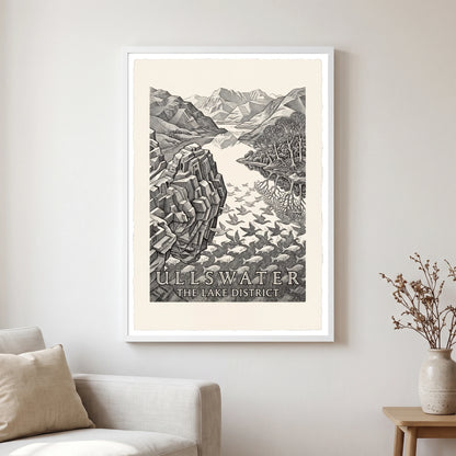 Ullswater travel poster in a white frame, hanging in a living2