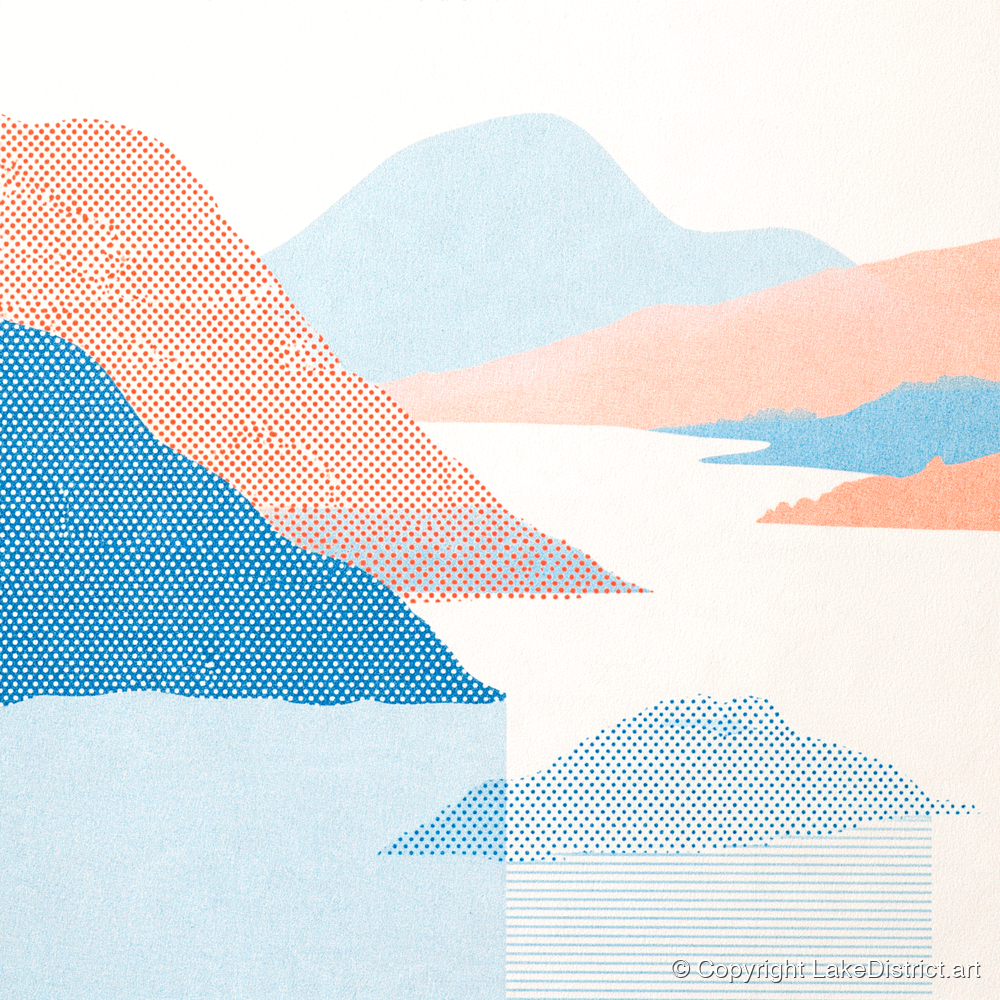 Ullswater Fells in Coral and Blue - lake district lake art print and canvas by Elliot Reid A.I