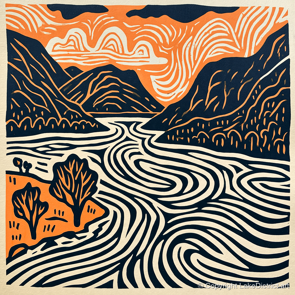 Ullswater in Terracotta and Navy - lake district lake art print and canvas by Leon Baxter A.I