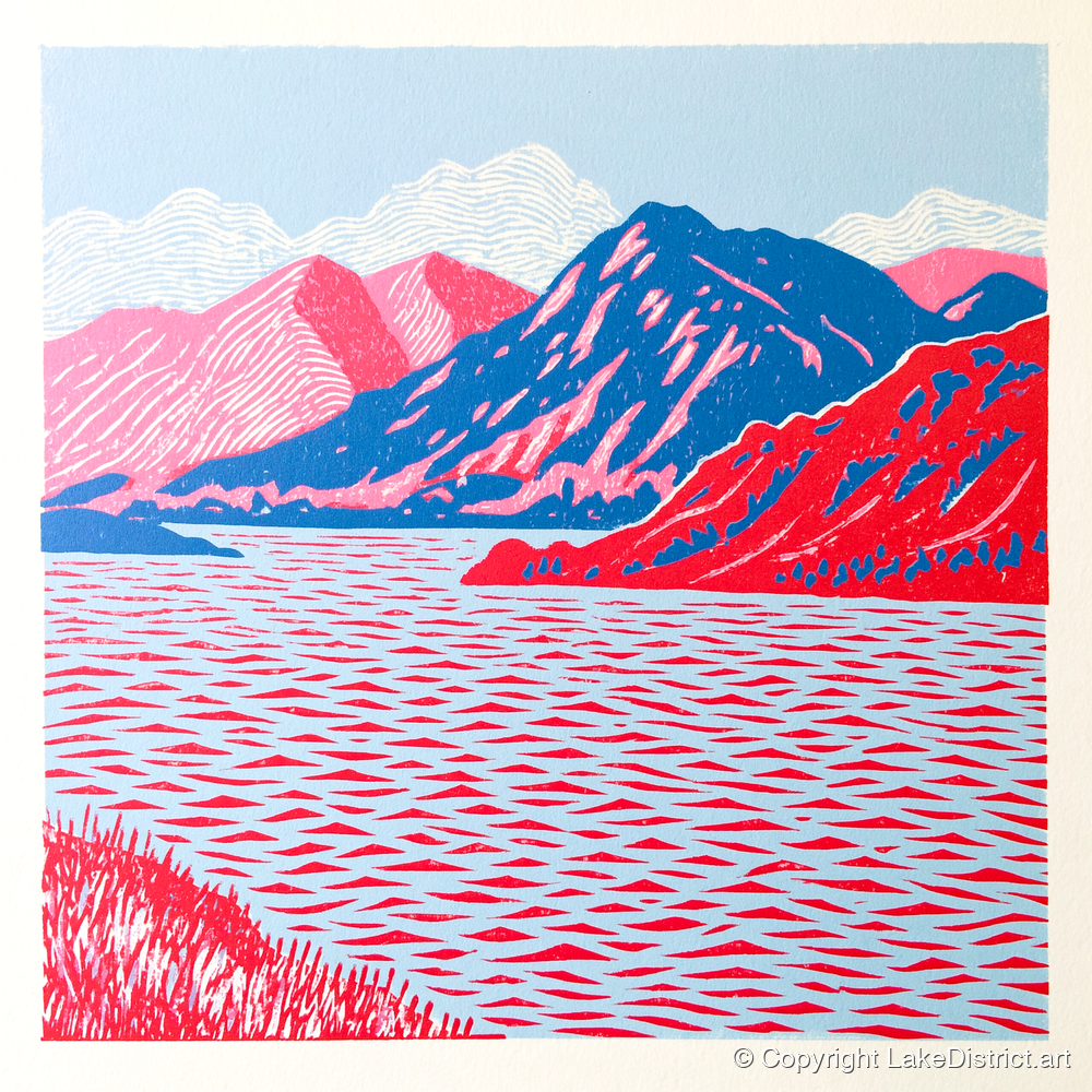 Ullswater in Vivid Red and Blue - lake district lake art print and canvas by Christopher Seaton A.I