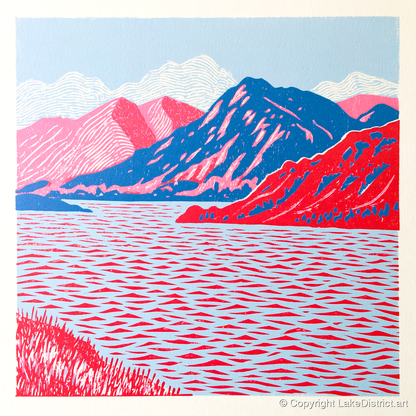 Ullswater in Vivid Red and Blue - lake district lake art print and canvas by Christopher Seaton A.I
