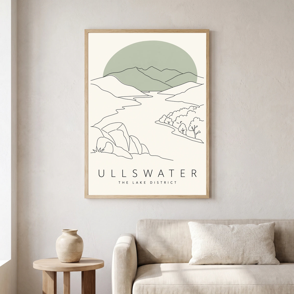 Ullswater travel poster in a natural frame, hanging in a living