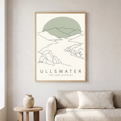 Ullswater travel poster in a natural frame, hanging in a living