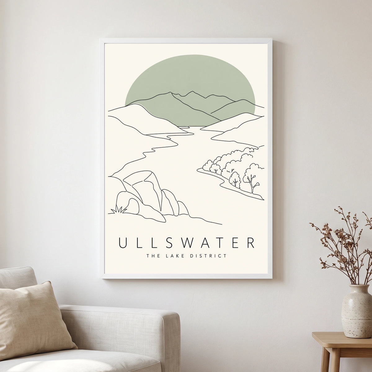 Ullswater travel poster in a white frame, hanging in a living2