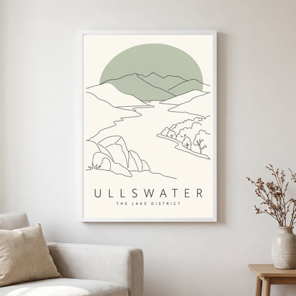 Ullswater travel poster in a white frame, hanging in a living2