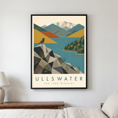 Ullswater travel poster in a black frame, hanging in a bedroom3