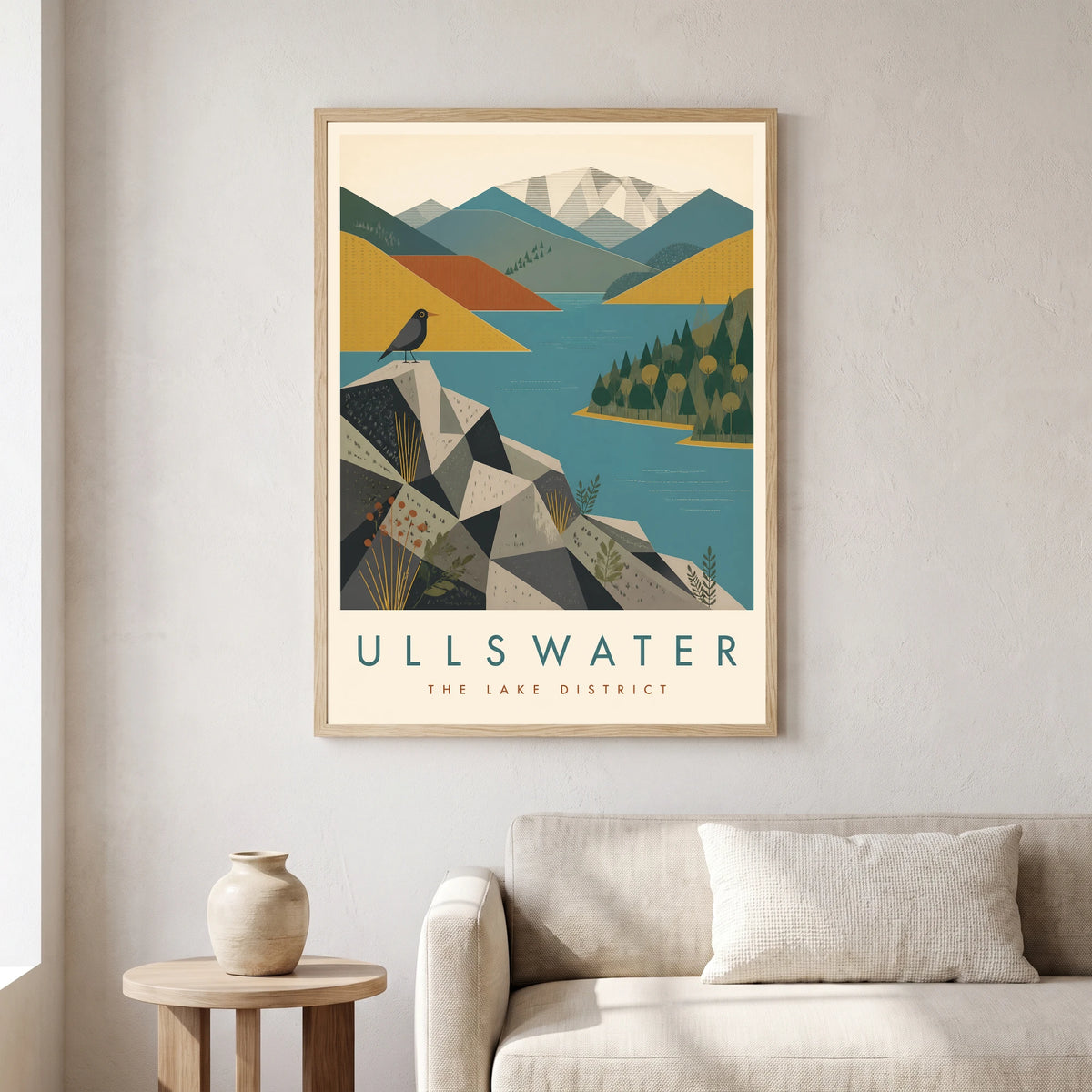 Ullswater travel poster in a natural frame, hanging in a living