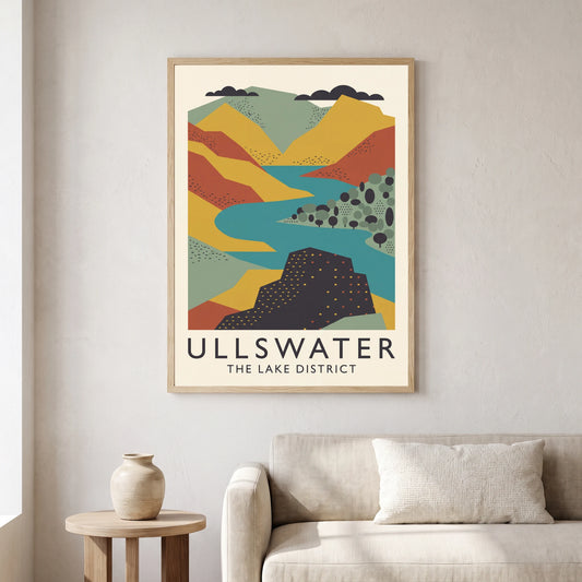 Ullswater travel poster in a natural frame, hanging in a living
