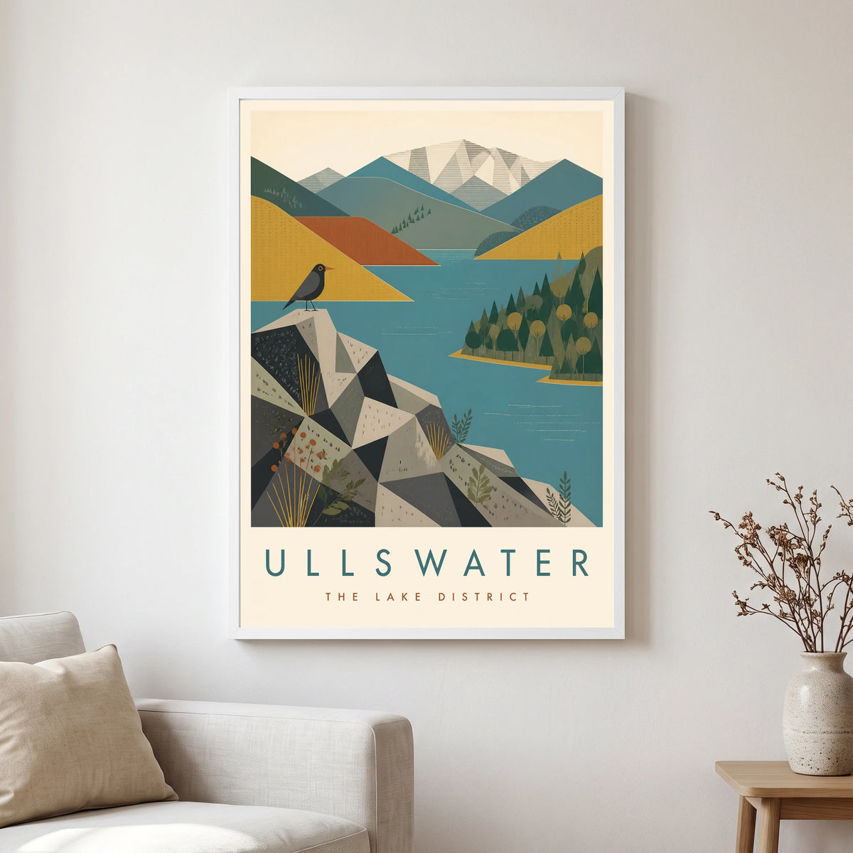 Ullswater travel poster in a white frame, hanging in a living2