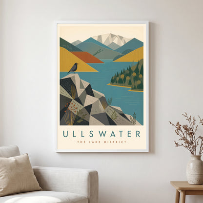 Ullswater travel poster in a white frame, hanging in a living2
