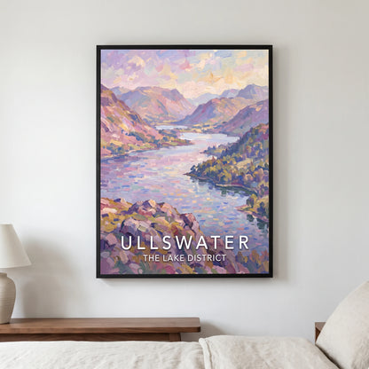 Ullswater travel poster in a black frame, hanging in a bedroom3
